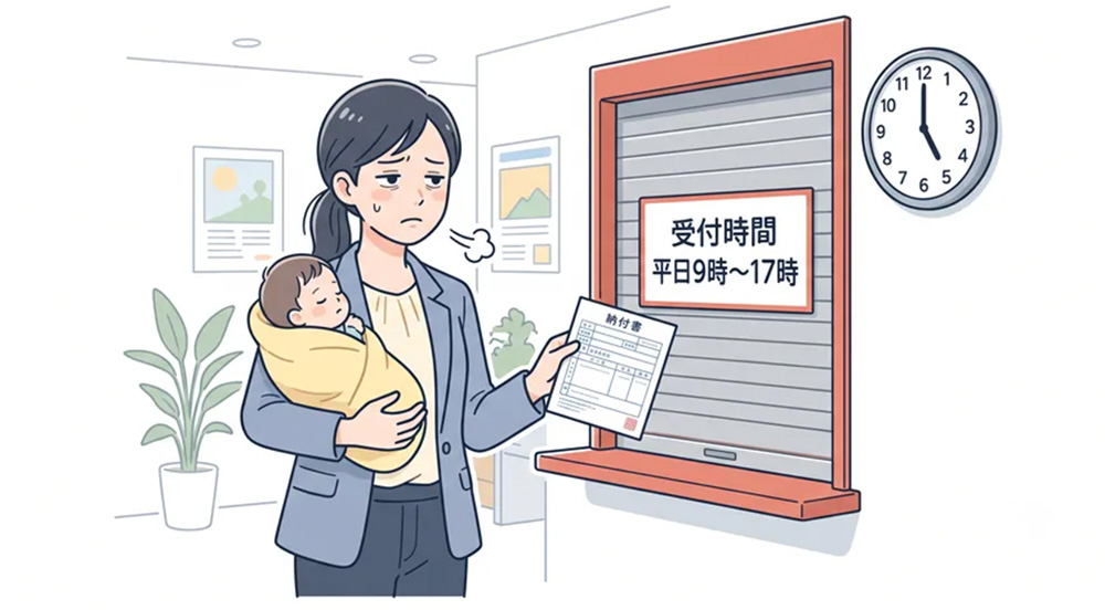 保護者が窓口で断られているイラスト