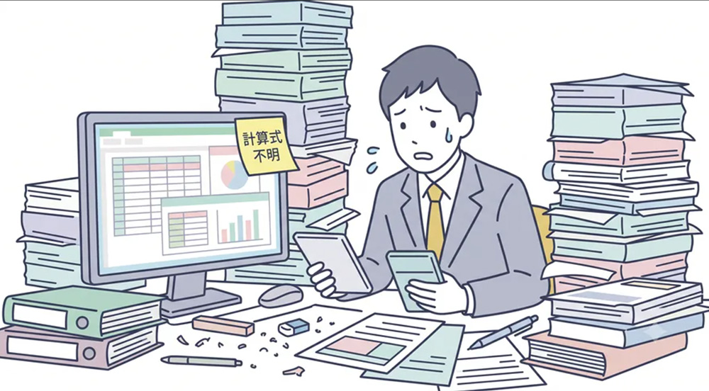 書類の山に埋もれてExcel手計算する職員のイラスト