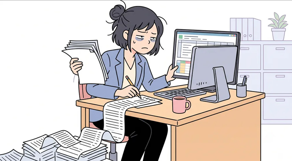紙の一覧を目視照合している職員のイラスト