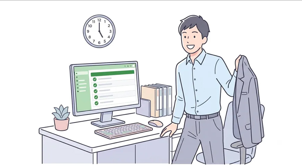 自動消込完了で余裕ある職員のイラスト