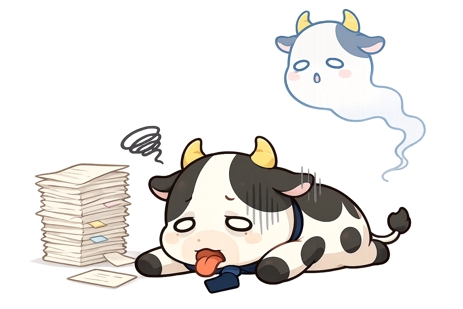 疲れ果てて伏せるモーオワタイラスト