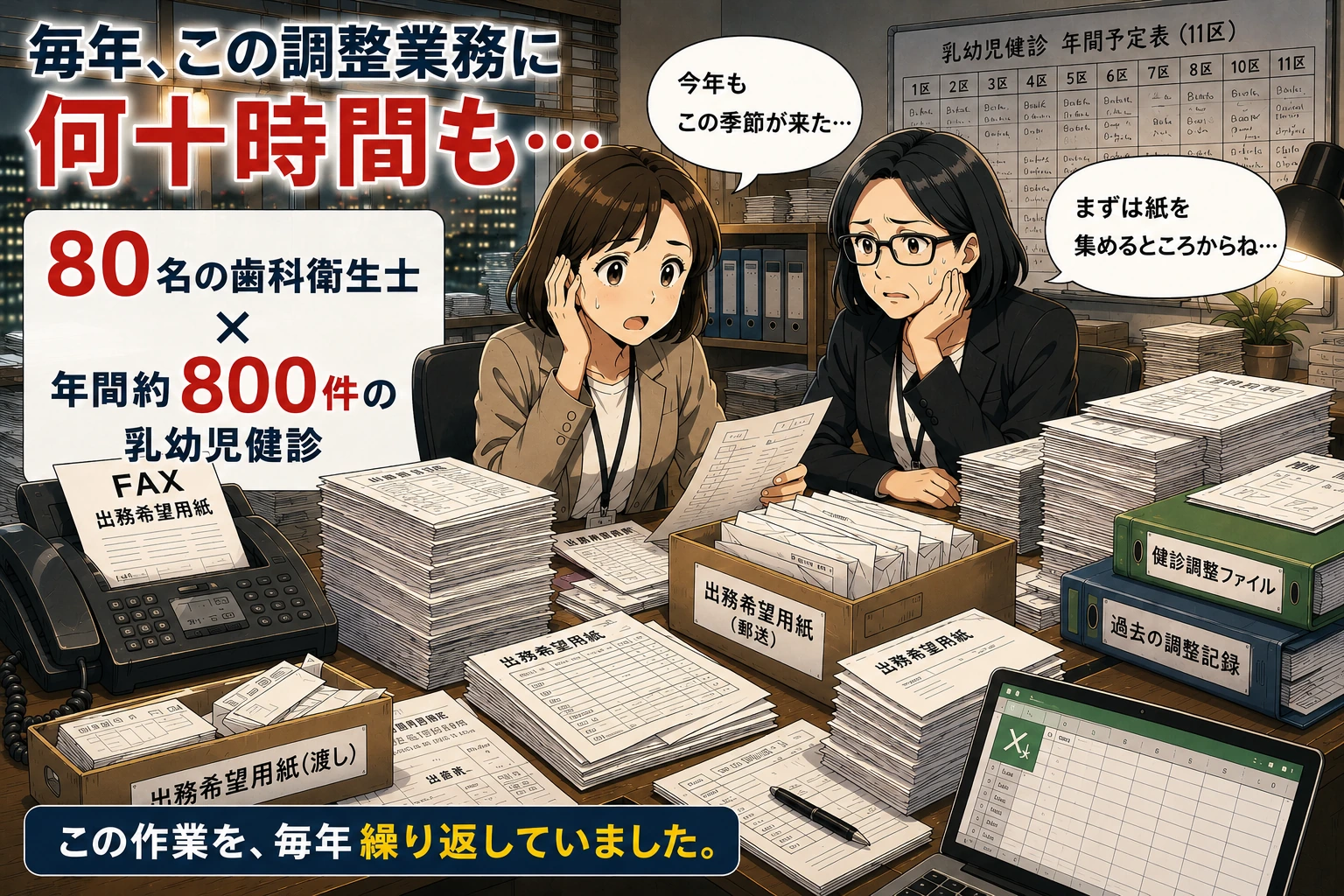 毎年この調整業務に何十時間も。80名の歯科衛生士 × 年間約800件の乳幼児健診