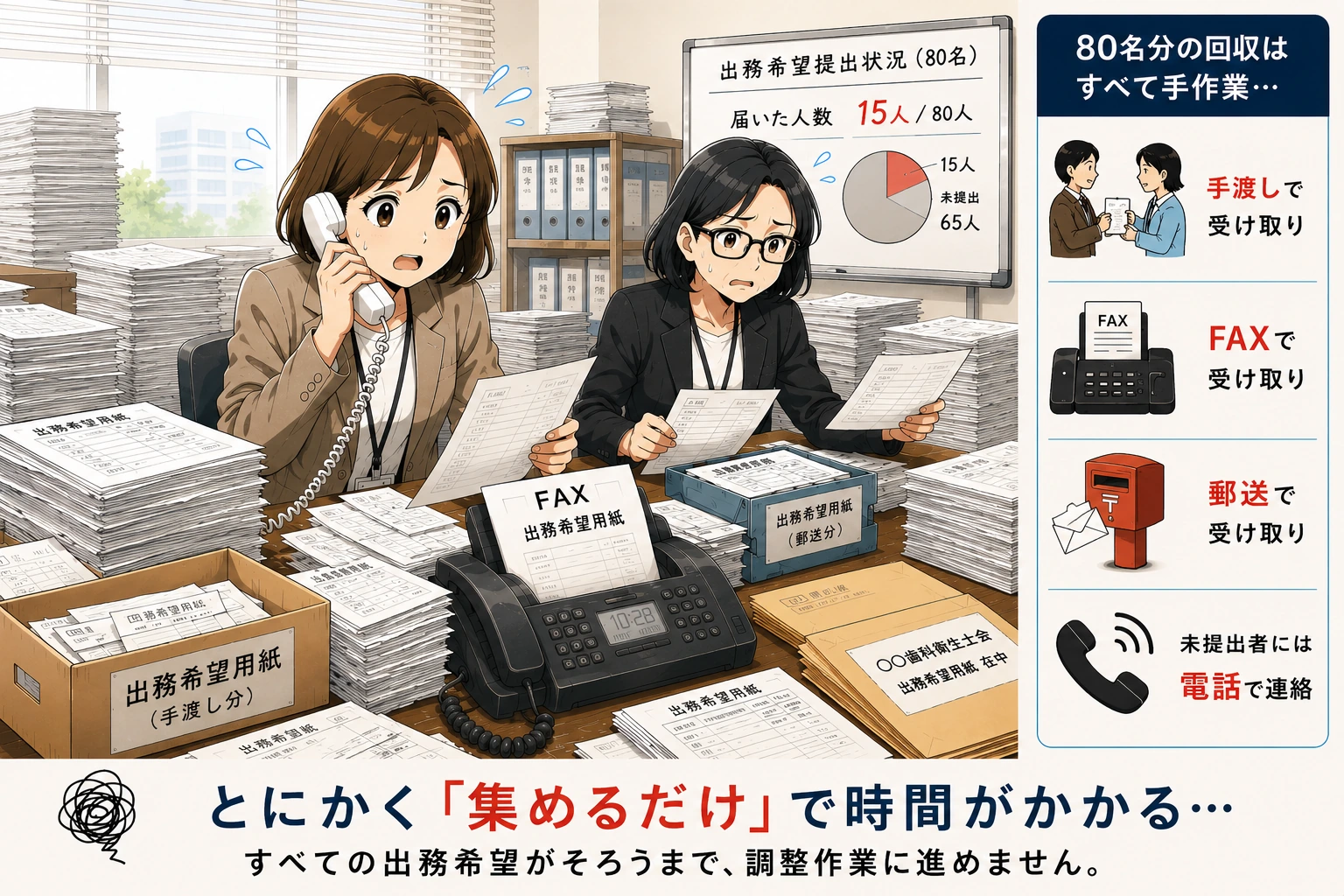① 紙の出務希望を回収イラスト