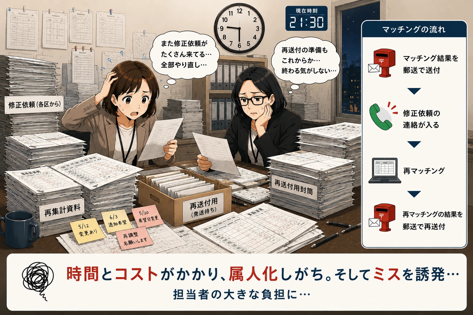 ④ 修正・再集計・再送付の終わらないやり直し作業イラスト